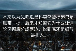 本来以为51吃瓜黑料突然被提起只是顺带一提，后来才知道它为什么让评论区彻底分成两边，说到底还是细节最扎人。