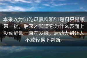 本来以为51吃瓜黑料和51爆料只是顺带一提，后来才知道它为什么表面上没动静却一直在发酵，后劲大到让人不敢轻易下判断。