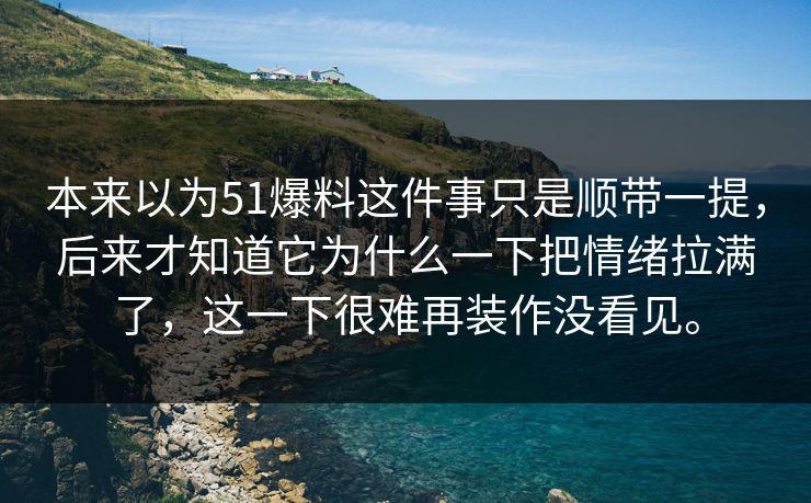 本来以为51爆料这件事只是顺带一提,后来才知道它为什么一下把情绪拉满了,这一下很难再装作没看见。 本来以为51爆料这件事只是顺带一提,后来才知道它为什么一下把情绪拉满了,这一下很难再装作没看见。